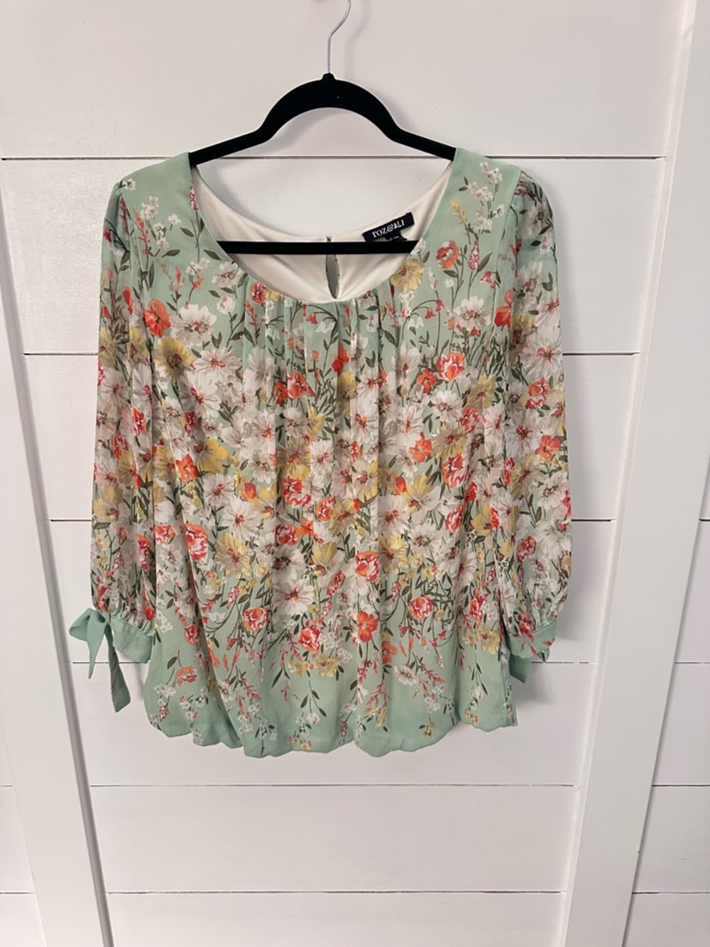 Roz and Ali 1X Floral 3/4 bow green-pink tulip plus size elastic waist top boho - Picture 2 of 14